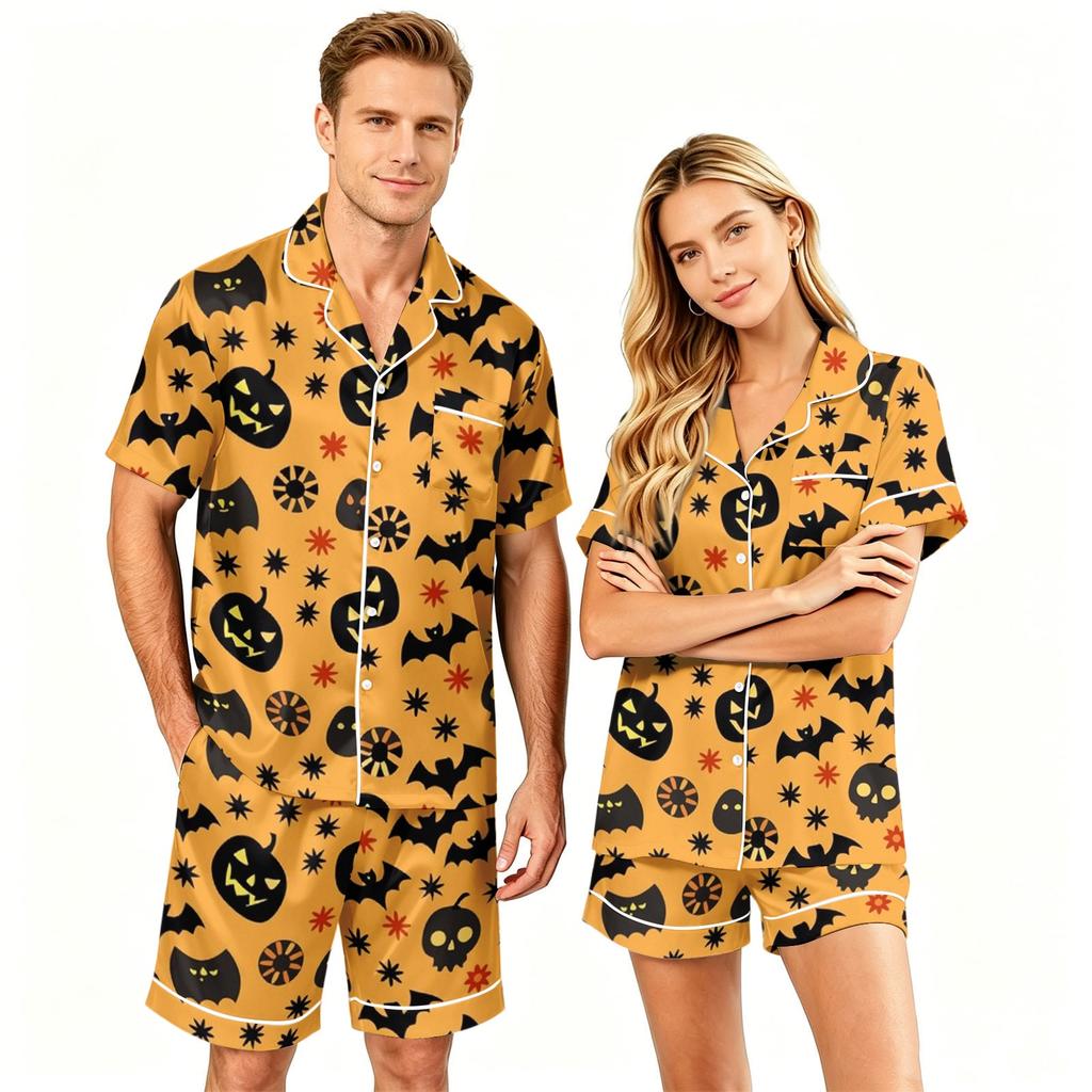 Couples Halloween Pajama Set Short Sleeve Button Down Shirt and Shorts Soft Casual Sleepwear S to XXXXL Matching Loungewear