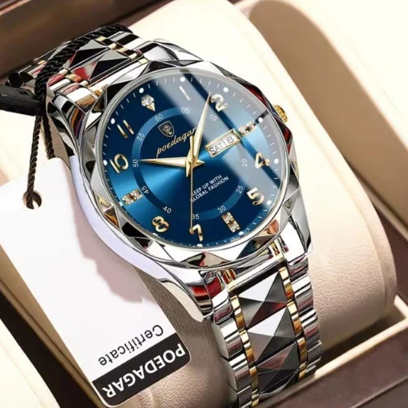 POEDAGAR Luxury Man Wristwatch Waterproof Luminous Date Week Watch Sport Stainless Steel Quartz Watches Male reloj+box