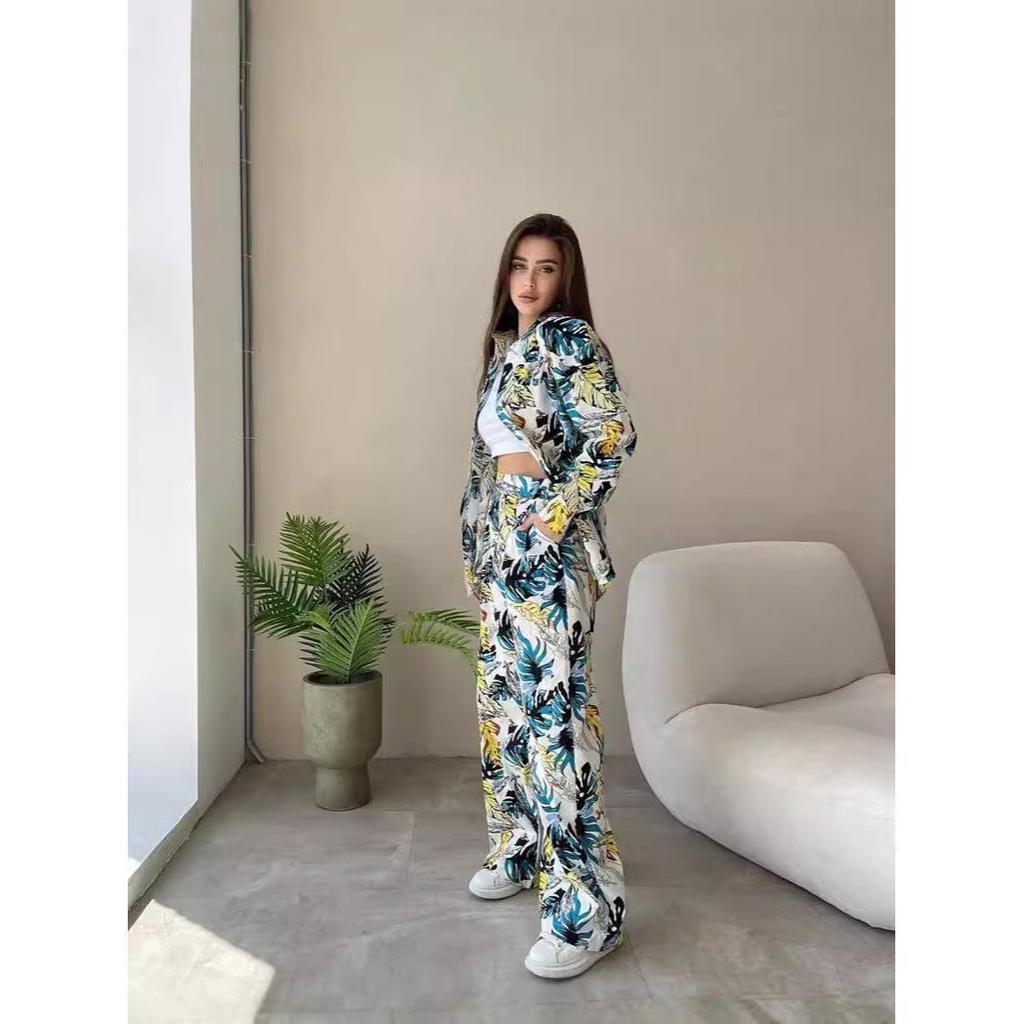 Asia de Sud-Est Mărimi Mari Casual Imprimat Talie Înaltă Pantaloni Largi Mânecă Lungă Set Sport
