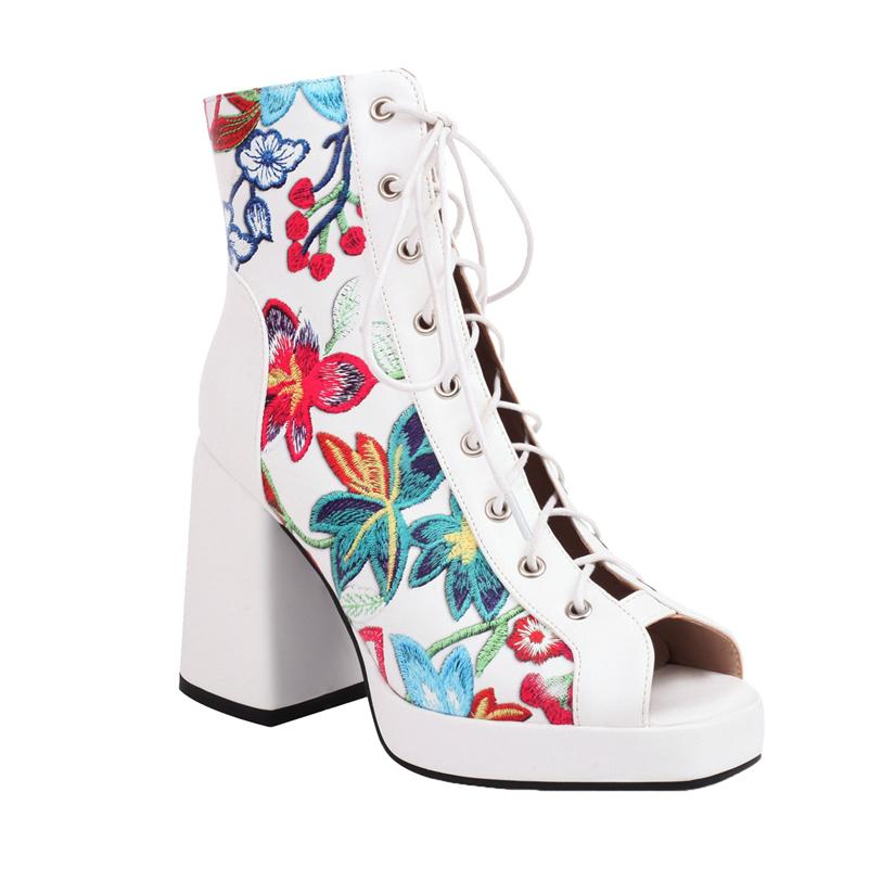 FOREADA Women Sandals Peep Toe Thick High Heels Platform Embroider Lace-up Comfort Boots Ladies Fashion Shoes Summer Balck 46