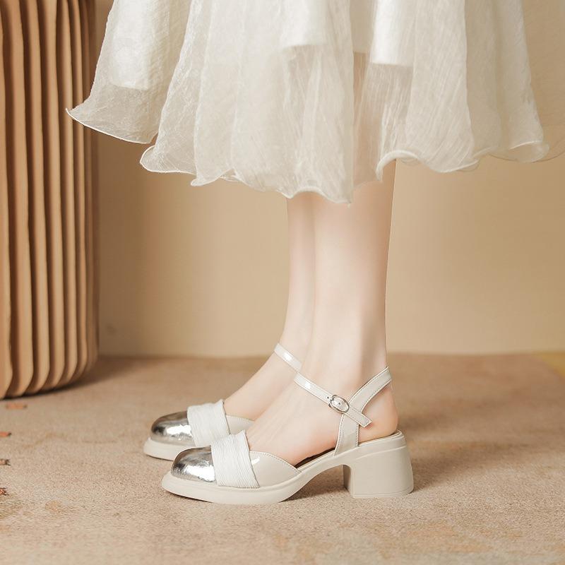 Baotou Sandals Women's Summer New Thick Heel Middle Heel Silver Empty Mary Jane Single Shoes