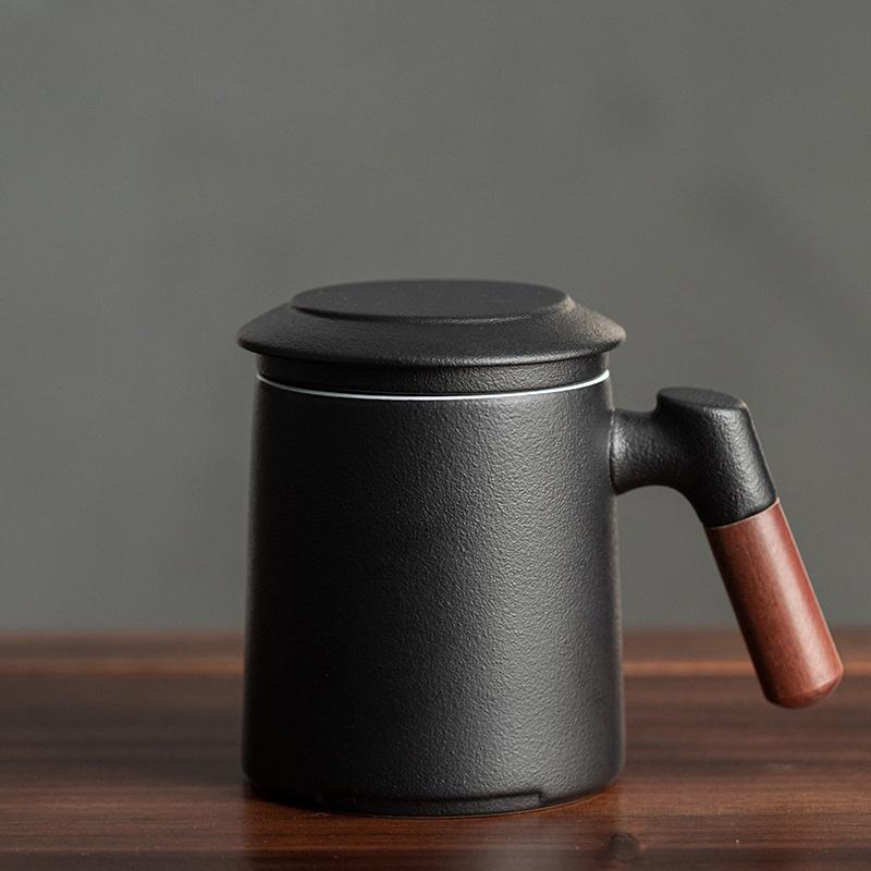 420ml Ceramic Mug with Wooden Handle Tea Water Separation with Lid Office Filter Mug