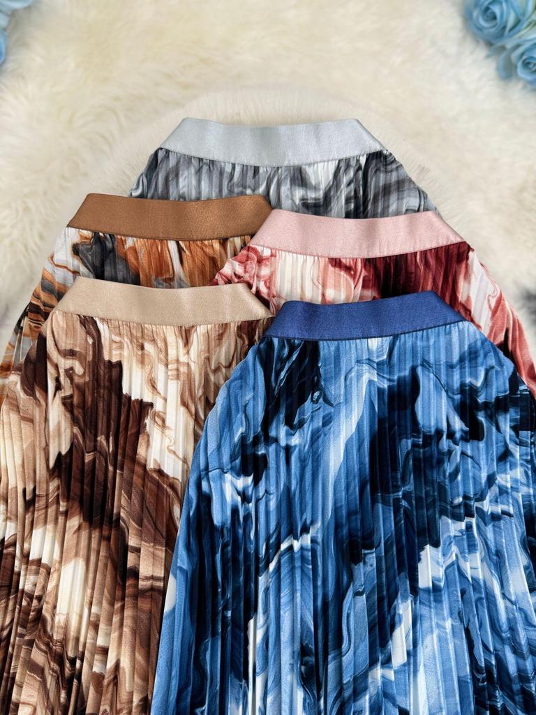 European & American Wave Pattern High-Waisted A-Line Pleated Midi Skirt