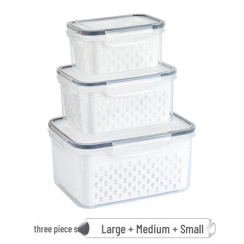 Transparente doppelschichtige Kühlschrank-Aufbewahrungsbox für Obst und Gemüse – großes Fassungsvermögen, atmungsaktiv, mit Trennwand und Abfluss.