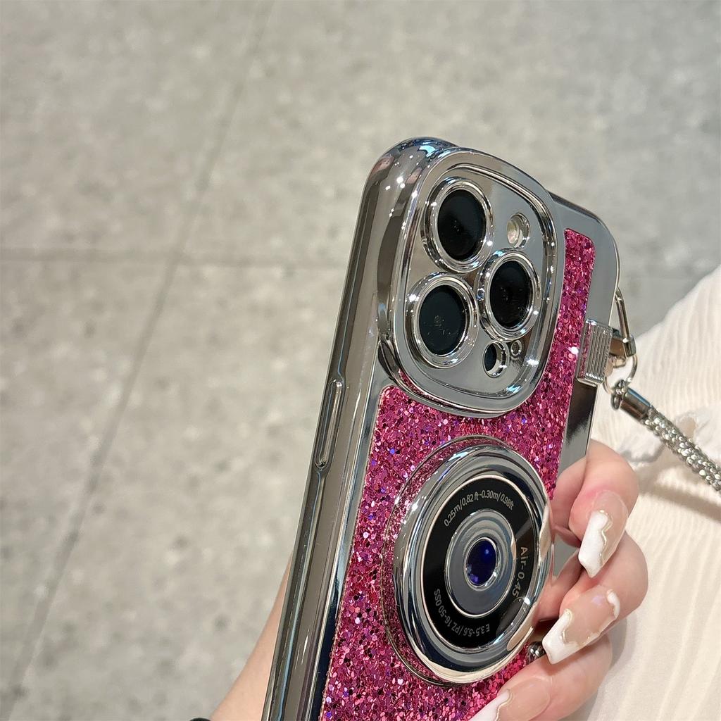 For iPhone 14 Pro Max Cover Glitter Powder Camera Design TPU Phone Case with Tote Strap