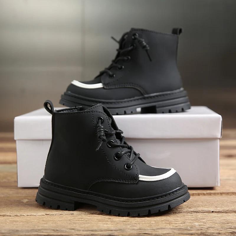 2024 Children Fashion Boots for Girls Boys Autumn Winter New Korean Style Soft Bottom Anti-slippery Versatile Plush Leather Shoe