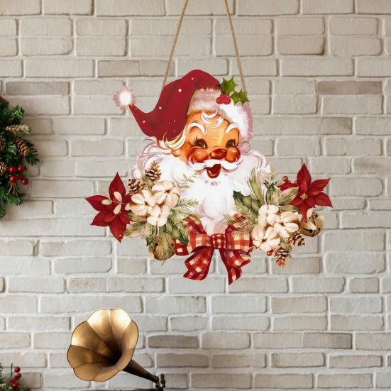 Vintage Style Wooden Pendant Santa Claus Hanging for Christmas, Rustic Floral Wall Sign, Christmas Door Sign Tree Ornament with Hemp Rope Home Office