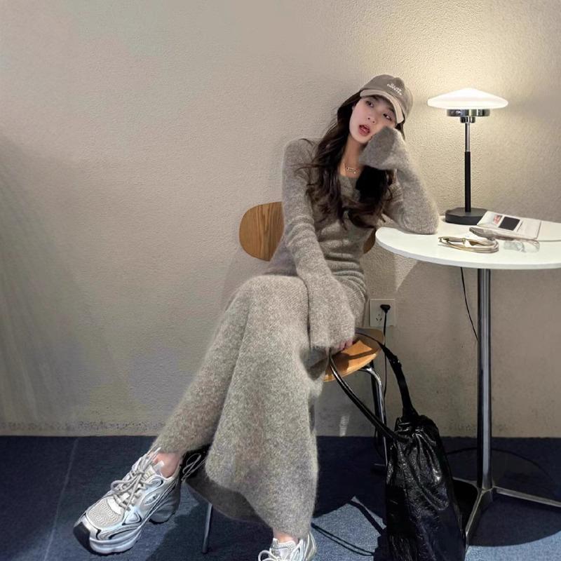 Tall knitted dress new inner bottom hip skirt round neck horn sleeve temperament long dress