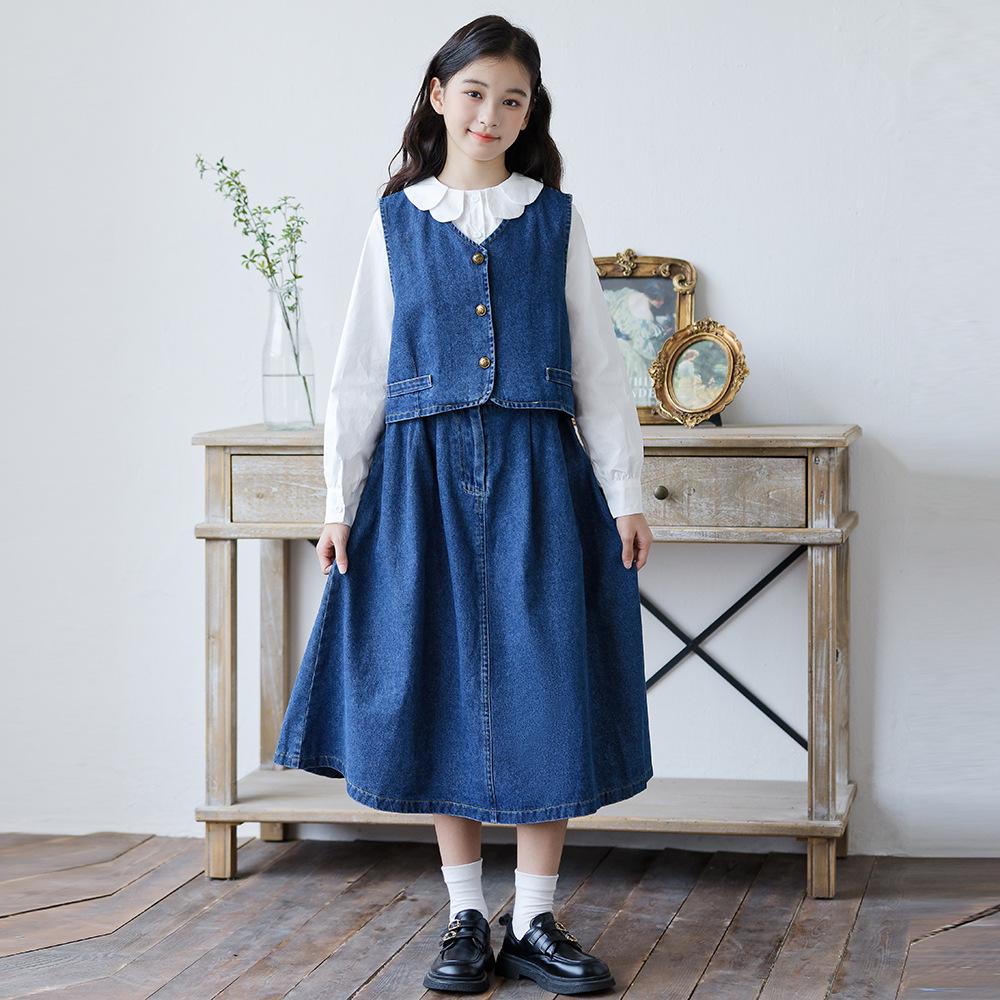 Jesienny szyk Zestaw dwuczęściowy kurtka dżinsowa w stylu koreańskim i spódnica midi