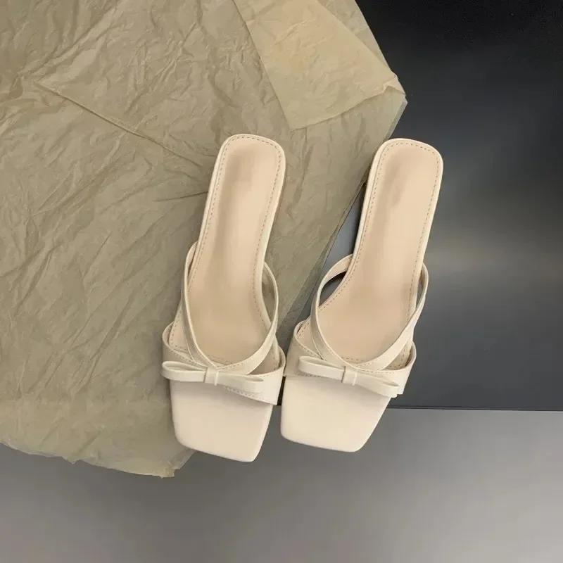 Summer Women's Shoes Square Heels Elegant Women Slippers Outside Bowknot Leather Female Slides Fashion Women's Sandals