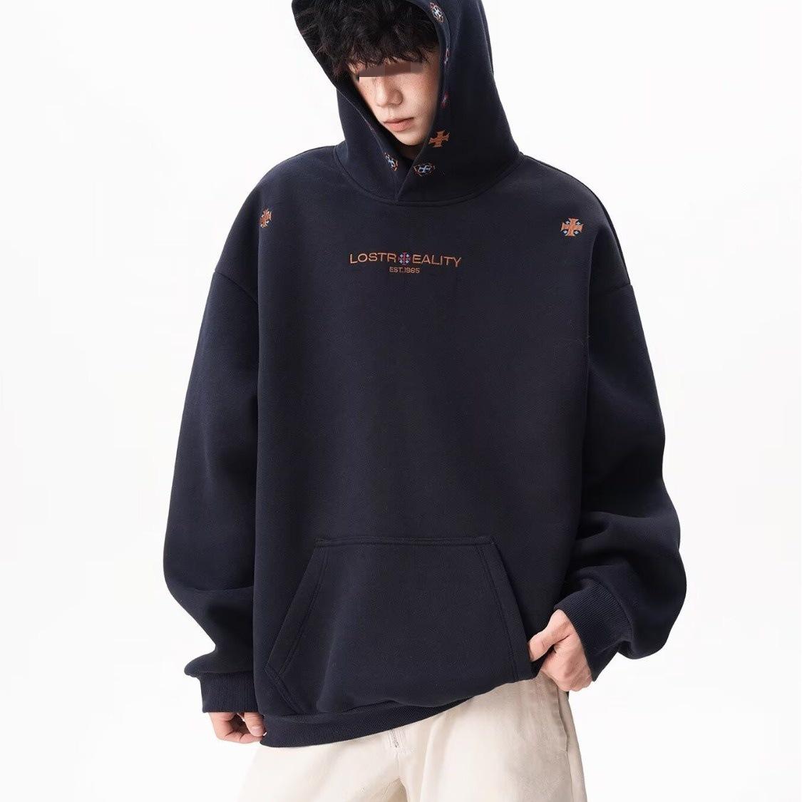 Autumn 2025 Unisex Trendy Letter Print Hoodie - Versatile College Style Sportswear L темно-синий