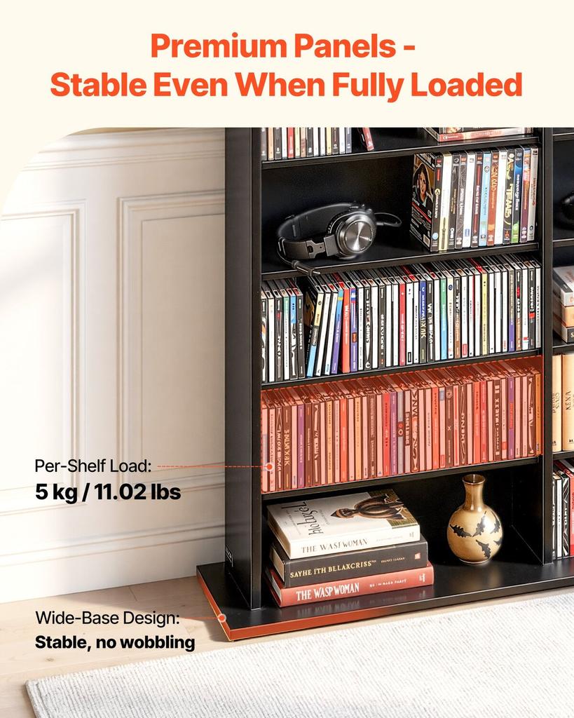 Media Storage Cabinet, 8-Tier DVD Shelf Organizer, 142 X 22 X 130 Cm Multimedia Storage Organizer for CDs, DVDs, Books & Games, CD Shelf for Living