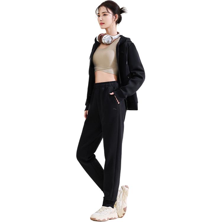 Anta Sports Lifestyle Series Solid Color Comfortable Fitted Cardigan Straight Leg Simple Versatile Long Pants Fitness Set Women Sets Black 962517201-3