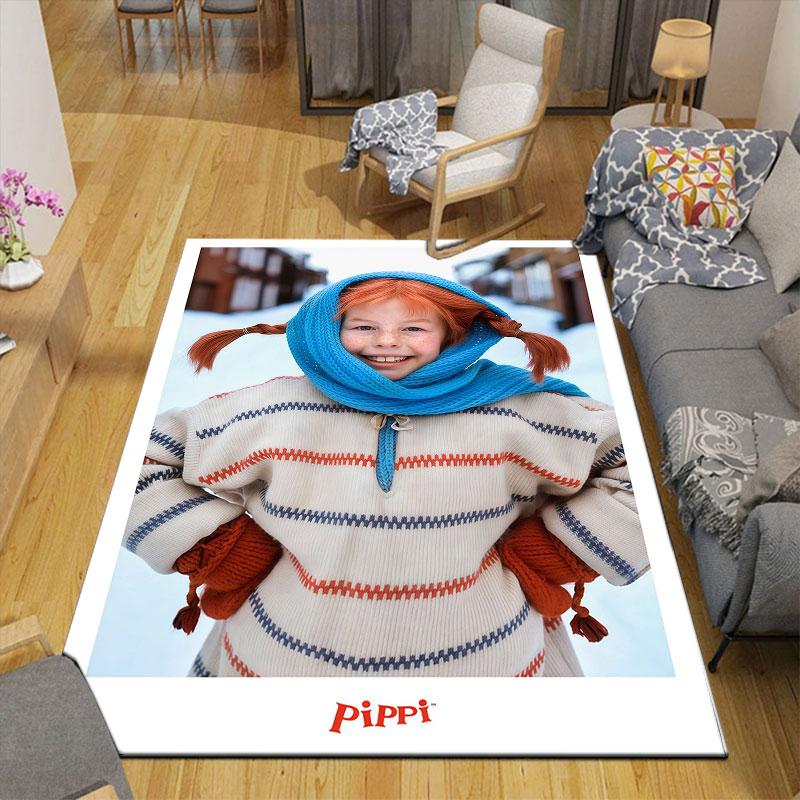 Cute Pippi Flannel Printed Carpet, Home Sofa Decoration for Living Room & Bedroom, Non‑Slip Play Flannel Floor Mat for Game Room