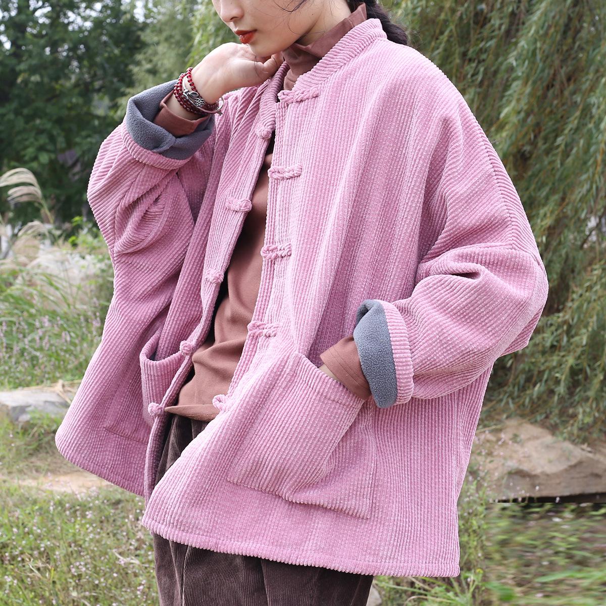 

Johnature Женское зимнее нишевое винтажное китайское свободное пальто с длинными рукавами, однотонное однобортное пальто One Size розовый