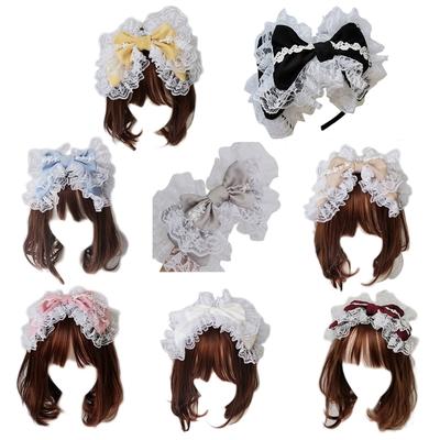 Liebliches Süßes Haarband Dienstmädchen Cosplay Stirnband Lolita Rüschenspitze Kopfschmuck Handgefertigt Doppellagige Schleife Haaraccessoire