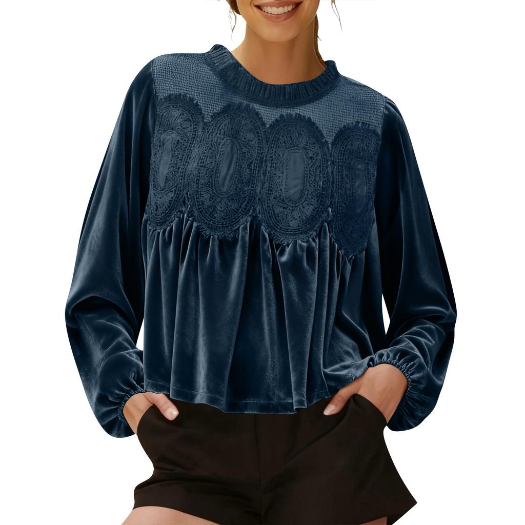 Loose-fitting, Slimming Mid-length Long-sleeved Solid Color Top With Mesh And Velvet Splicing