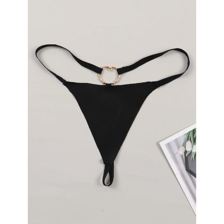 Women's Sexy Panties Thong Metal Decoration At The Back G-Strings Low Rise Brief Solid Black Underwear