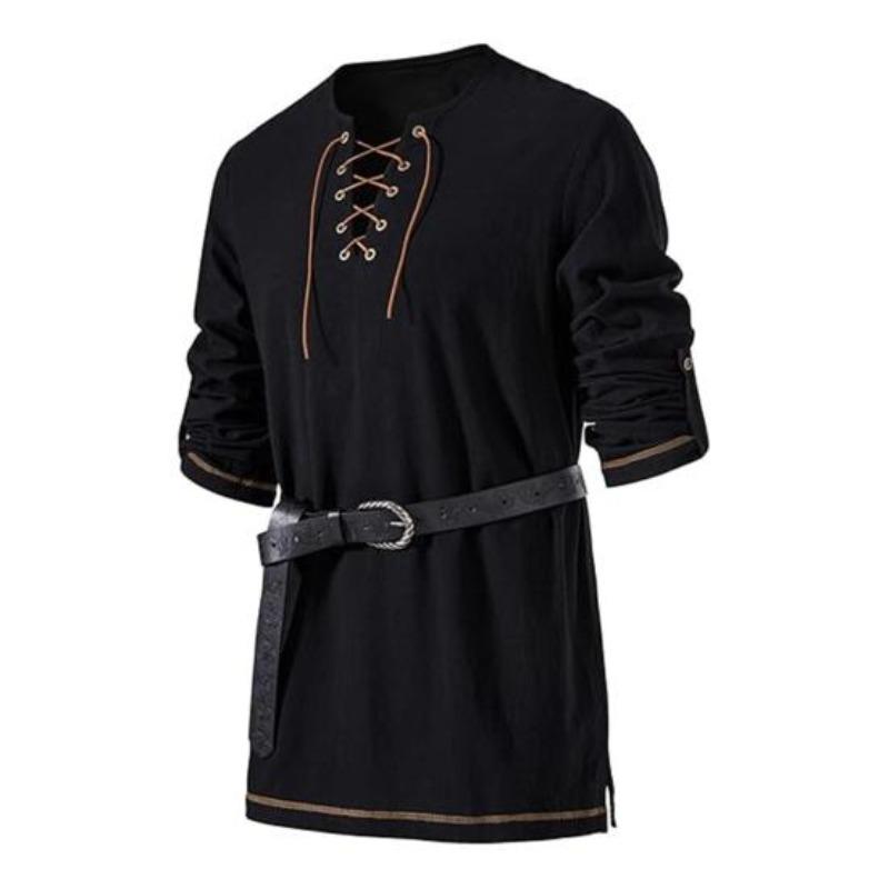Men's Vintage Lace-Up T-Shirt Long Sleeve Henry Collar Top Spring Autumn Solid Color Tee Shirt for Daily Wear Performances Cosplay