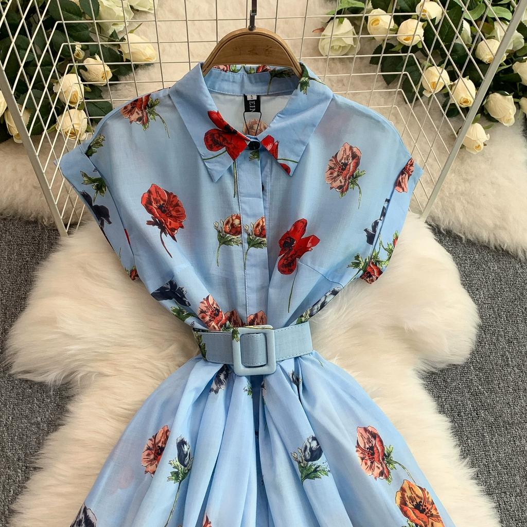 Summer Women Elegant Turn-down Collar Designer Print Long Midi Runway Party Shirt Dresses With Belt