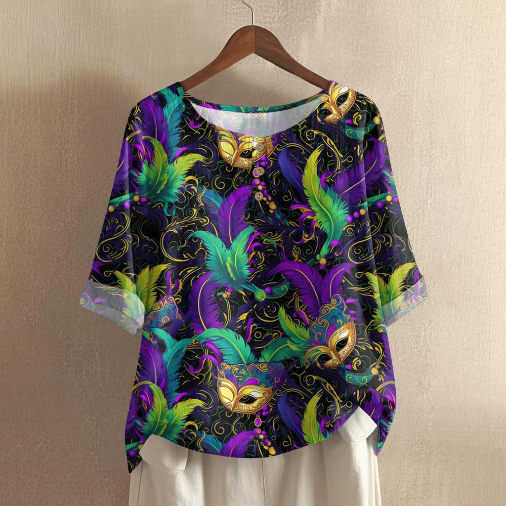 Women's Fashionable And Casual Shirt 3/4 Sleeve Round Neck Print Blouse Top