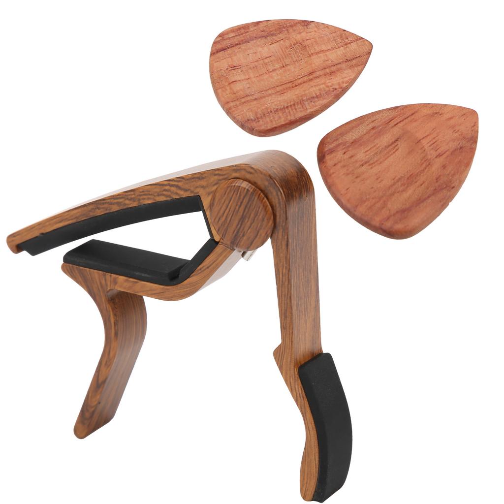 Acoustic Guitar Capo Solid Wood Silica Gel Clamp Ergonomics with 2 Picks for Bass Ukulele Violin