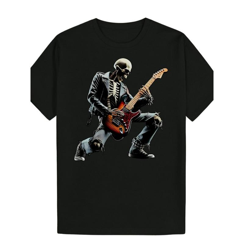 

European sizes 1pc Men s Summer Pattern Round Neck T Shirt Skeleton Rock Star Design Light Black Casual Wear Machine Washable 4XL чорний