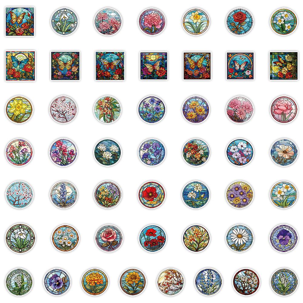 50 Colored Glass Flower Graffiti Stickers Stationery Box Mobile Phone Water Cup Decoration Stickers Waterproof Creative Children's Stickers