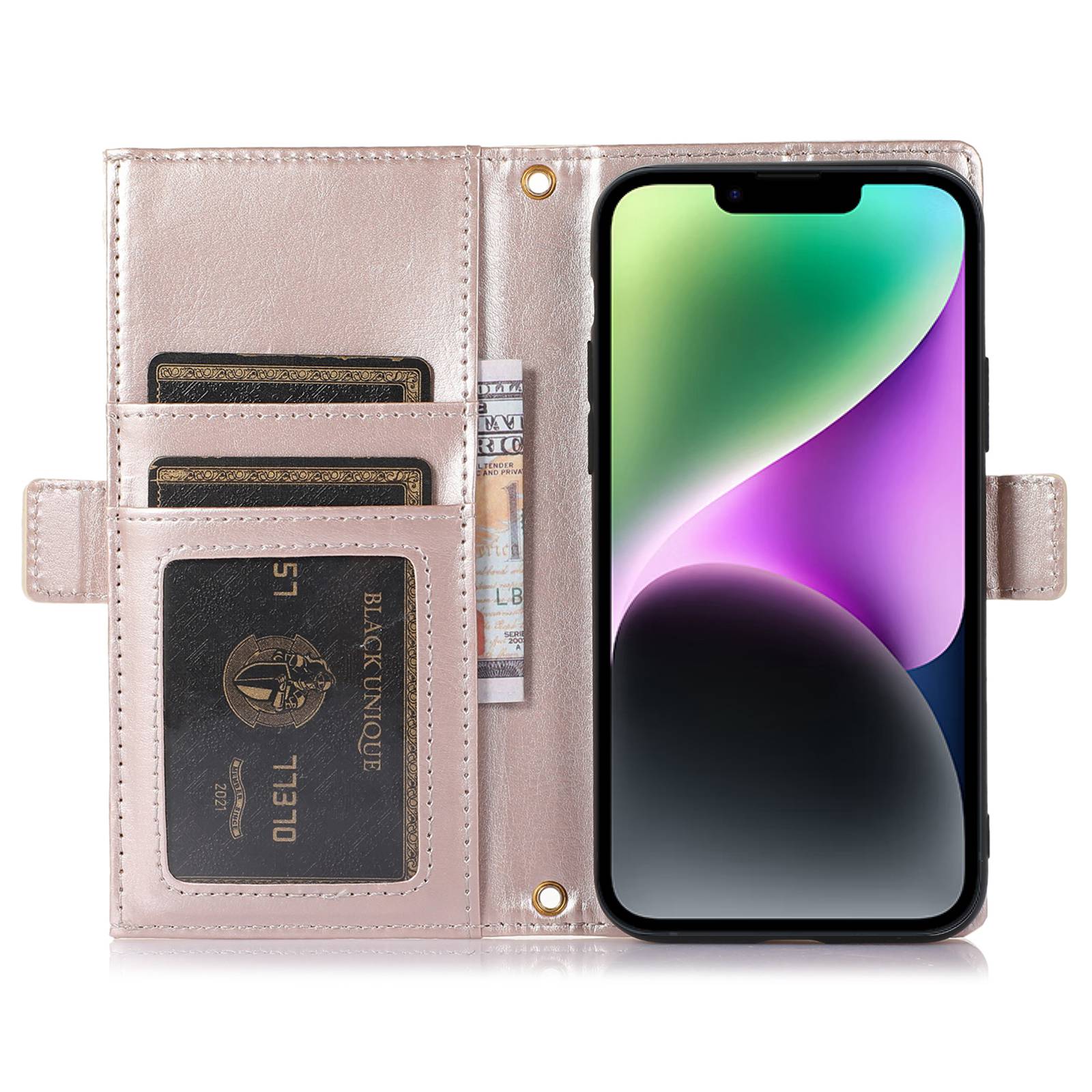 

For iPhone 14 Zipper Pocket Design Phone Case Litchi Texture Full Protection PU Leather Phone Flip Cover Wallet with Strap Apricot