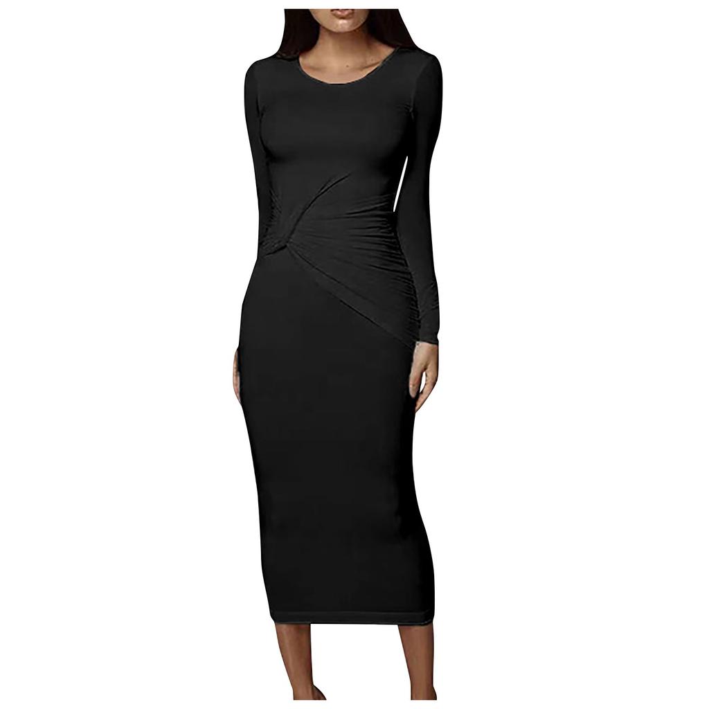 Women's Fashion All- Tight-fitting Round Neck Long-sleeved All- Long Dress