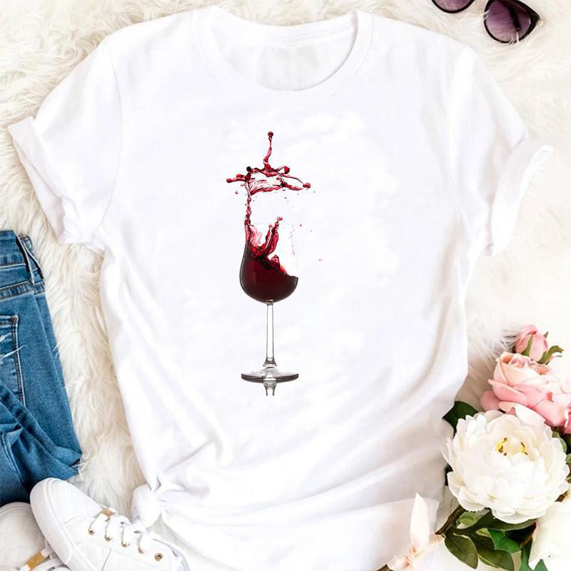 Womens Fashion Wine Glass Print Trendy Womens Base Layer Halfsleeved Womens Wear Shortsleeved Women Tshirt for Summer