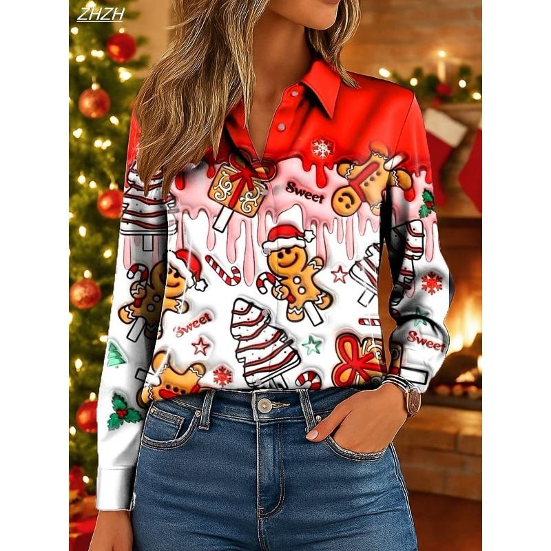Christmas Women's Shirt Graphic Snowman Elegant Vintage Tropical Long Sleeve Shirt Collar Regular Tops Daily Holiday Fall Winter