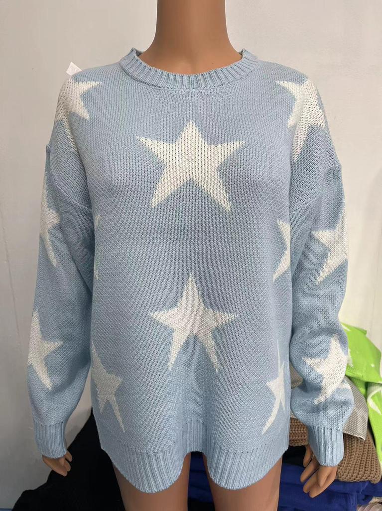 Dunhuang Women's Knit Sweater - Star Pattern, Round Neck, Long Sleeve, Casual Loose Fit.