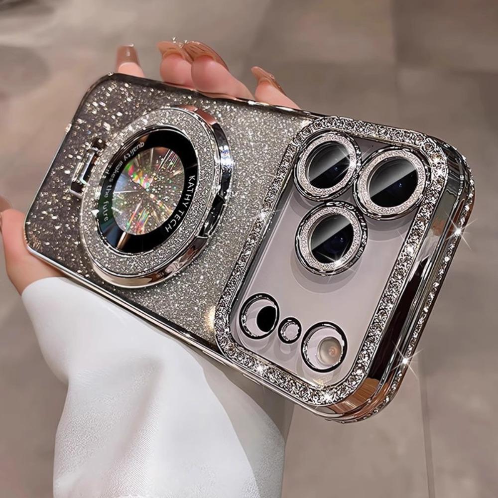 Suitable for IPhone17/16 Case with Lens Film 16 Anti-drop 15 Rhinestone Glitter Magnetic Stand iPhone17 серебряный