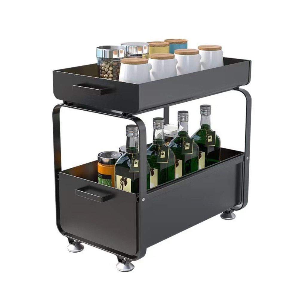 Double-layer Kitchen Sink Rack Carbon Steel Sliding Rack New Seasoning Storage Rack  Countertop Use