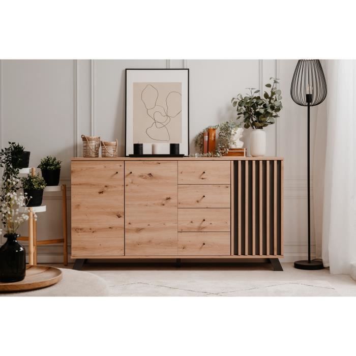 Buffet salle à manger MEDAN - Décor chêne artisan et anthracite - 3 portes + 4 tiroirs - L160 x H85 x P40 cm