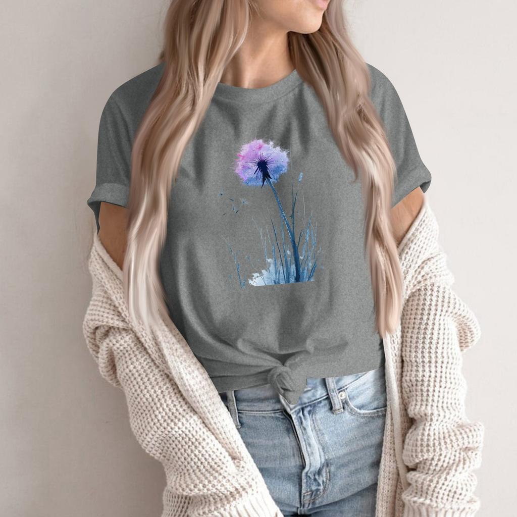 Women's Fashion Casual Printed Round Neck Short Sleeved Pullover T-Shirt Top