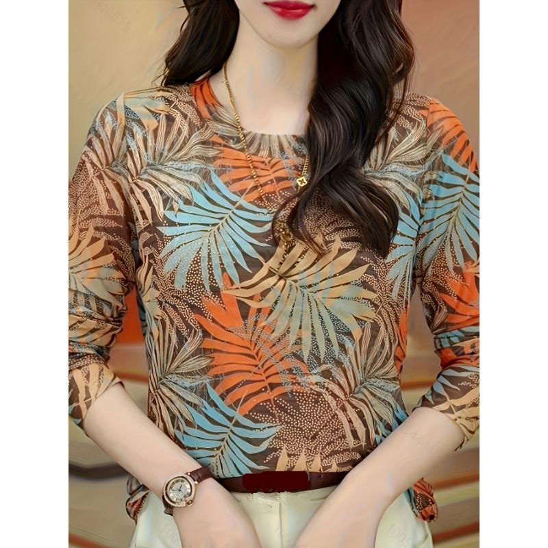 

Leaves Print Crew Neck Mesh T-Shirt, Elegant Long Sleeve Slim T-Shirt For Spring & Fall, Women s Clothing XXL разноцветный