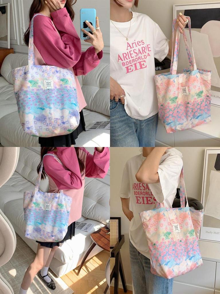 Pink Floral Canvas Tote Bag With Soft Cotton Material And Trendy Street Fashion