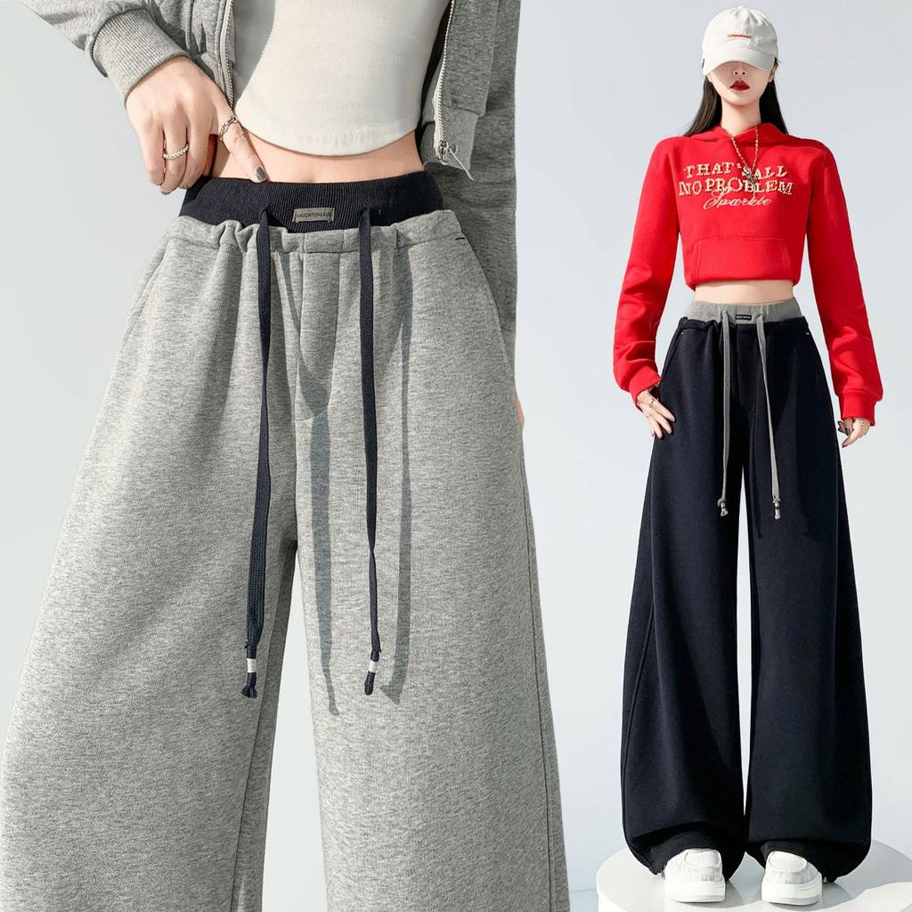 2026 Spring Color Block High-Waisted Cropped Wide-Leg Sweatpants for Women - Slimming & Casual Banana Two-Wear Long Pants