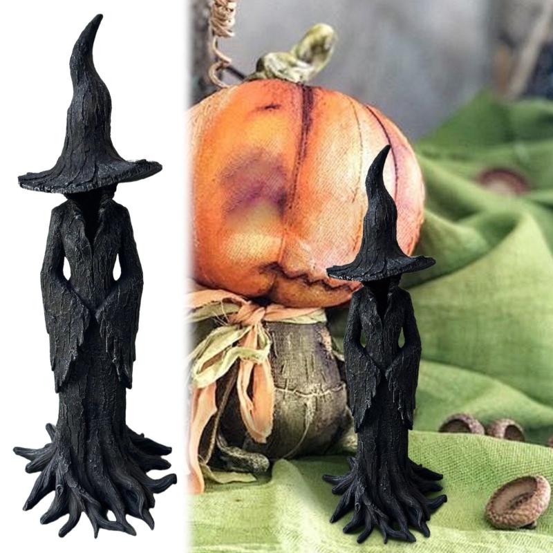 Halloween Witch Statue Tree Root Witch Figurine Sculpture Desktop Witch Decor Ornament Resin Home Office Party Decoration