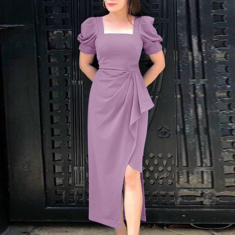 ZANZEA Women Casual Square Collar Summer Short Sleeve Elegant Dress