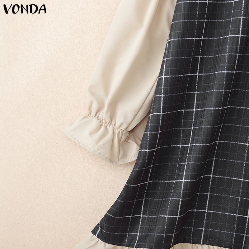 VONDA Women Lapel Neck Casual Long Sleeve Retro Plaid Patchwork Ruffled Shirts Dress
