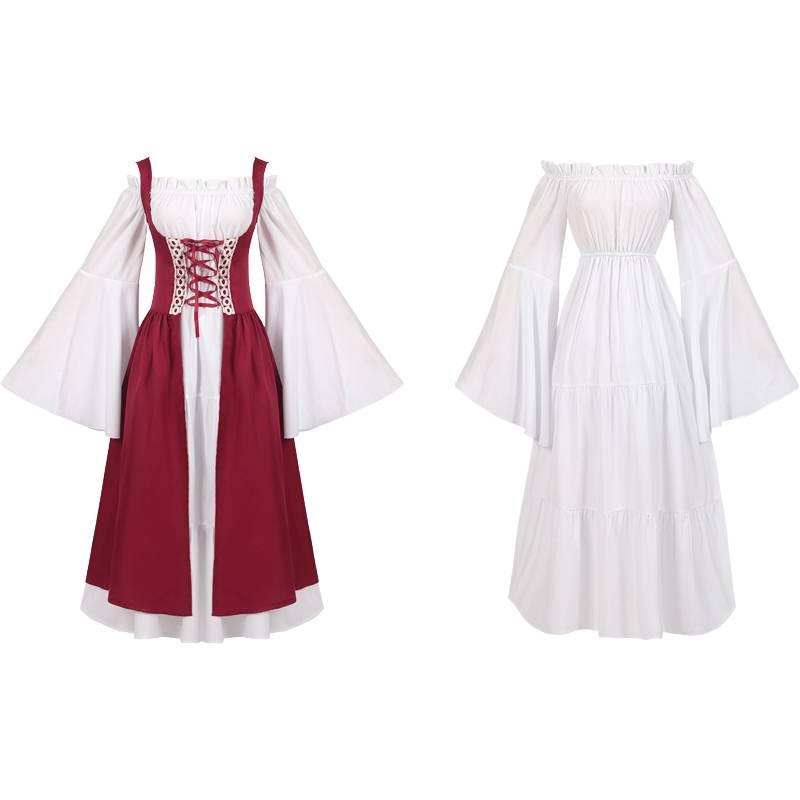 Medieval Women Victorian Long Red White Dress High Waist Design Parties Cosplay