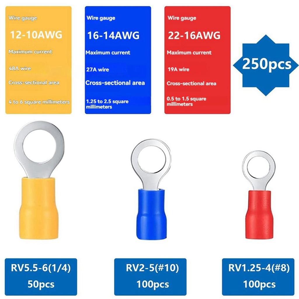 250Pcs Insulated Wire Connectors Crimp Terminal Kit O-Type Wire Lug PVC Round Ring Cold- Pre-Insulated Terminal