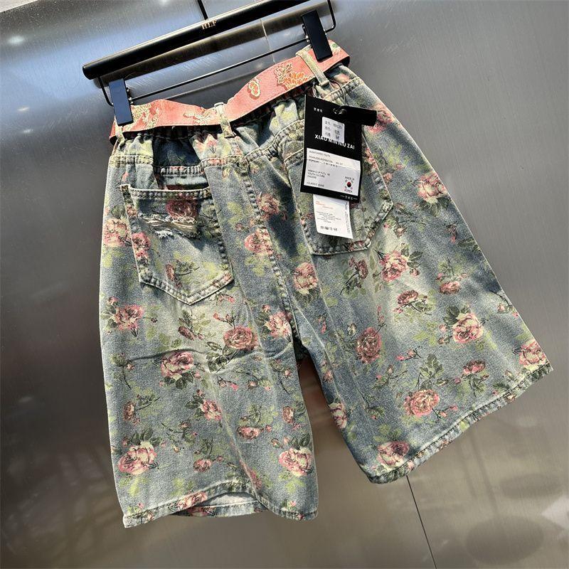 Letní módní volné a zeštíhlující široké nohavice rovné nohavice módní tištěné trendy roztrhané pětičtvrteční džínové kraťasy pro ženy