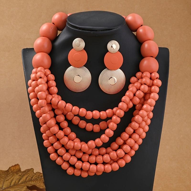 African Zircon Set Ethnic Style Multi-layer Handmade Wooden Beads Beaded Statement Necklace Earrings Women Party Accessories
