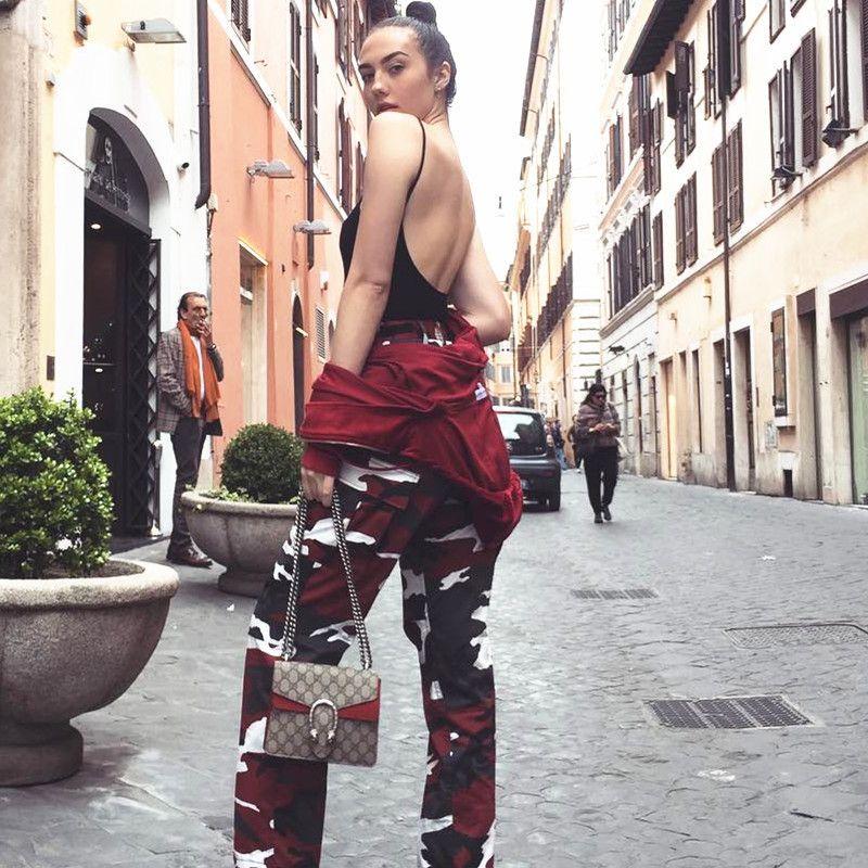 Printed Bucket Side Pocket Loose Pants Printing Series Buckle Side Pocket Loose Pants Female