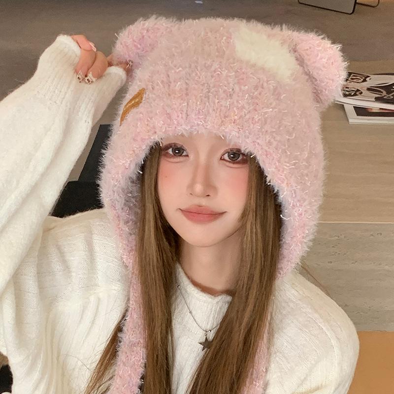 Süße Bärenohren Plüschtasche Hut Damen Winter Warm Ohrschutz Kalt Gestrickte Mütze Großer Kopfumfang Wollmütze