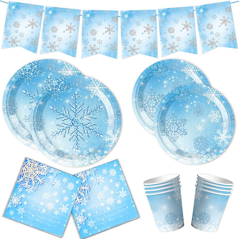 Frozen Birthday Party Supplies Disposable Tableware Winter Snowflake Paper Plates Napkins Cups for Baby Shower Christmas Decor